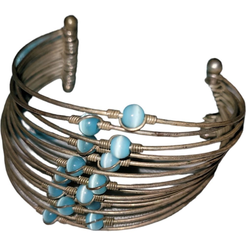 Copper Wires With Turquoise Blue Beads Cuff Bracelet Medium